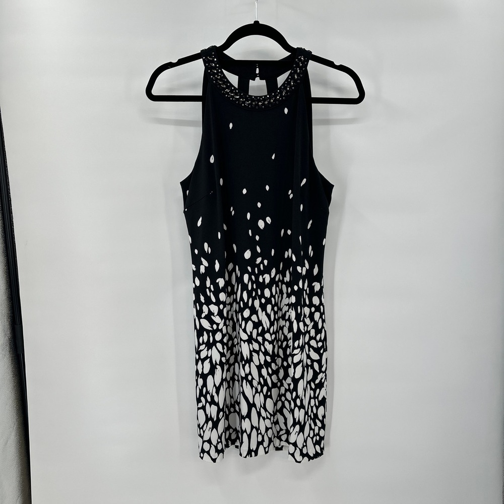 New WHBM Cocktail Dress Petite Medium Dappled Placed Black Beaded Neck‎
